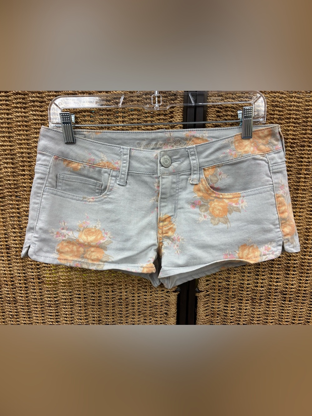 American Eagle Outfitters Light Blue Denim Shorts with Orange Floral Print